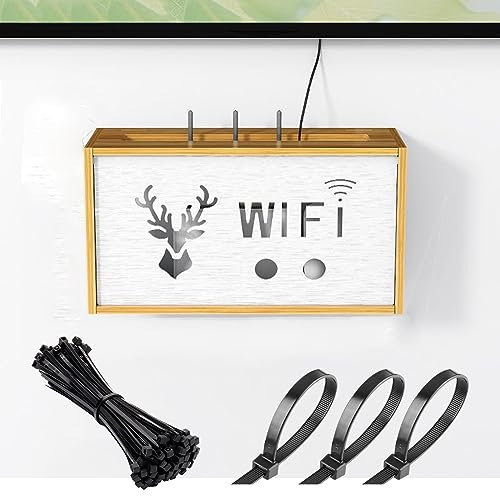 Floating Shelf for WiFi Router, Wifi Storage Cabinet, Router Shelf, Comes with 100 pack Black Cable Ties 150mm, Desk Organizer Household Power Cord Arrangement Box for Bedroom, Living Room