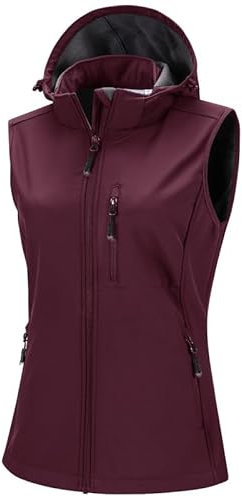 33,000ft Women's Lightweight Softshell Gilets with Hood Sleeveless Jacket Waterproof Windproof Vest Lady's Fleece Lined Vest with 5 Zip up Pockets Wine Red L