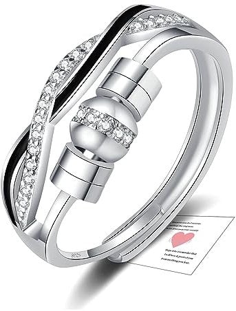 HEEYA Anxiety Ring für Damen Silber 925 Angst Ring mit Zirkonia Offen Verstellbar Anti Stress Ringe mit Perlen Spinner Fidget Ringe Frauen Hypoallergen Stimmungsring gegen Stress Unisex