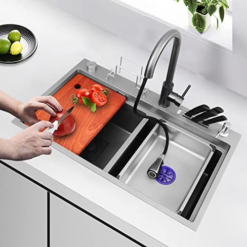 SuMemo Évier de Cuisine Double Nano, Évier de Poste de Travail Pour Évier de Lave-Vaisselle Avec Robinet Rétractable, Porte-Couteau Et Évacuation Sur Le Dessus Ou Sous Le Plan/Gris Noir/82 * 46 Cm