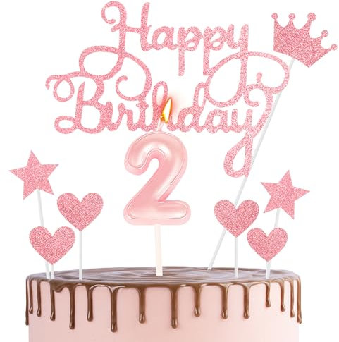 HONGCI Pink 2nd Birthday Cake Topper & Candle Set - 2 Pieces, Perfect for Birthday Cakes, Cupcakes, Desserts