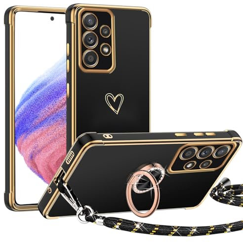 Coque avec Cordon pour Samsung Galaxy A53 5G, Coeur Motif Étui avec 360 Rotatif Anneau Support TPU Souple Silicone Housse Amovible Collier Téléphone Portable Lanyard Case, Noir