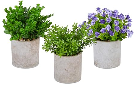 Relaxdays Kunstpflanzen 3er Set, Verschiedene künstliche Pflanzen im Topf, lebensechte Plastikpflanzen, grün/lila/grau | verschiedene künstliche Pflanzen im Topf, lebensechte Plastikpflanzen