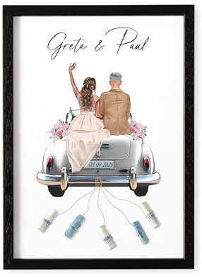 DEL MÀ Unique & Personal Hochzeitsgeschenk Geld Hochzeit Geldgeschenk Verpackung personalisiertes Bild mit Hochzeitsauto Geschenk für Brautpaar (mit oder ohne Rahmen)
