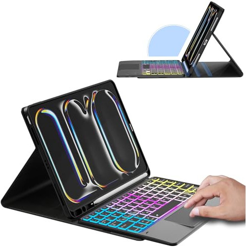 für iPad Pro 11 Zoll (M4) 2024 Hülle mit Abnehmbare Tastatur : DIY 3-Zonen 7-Farbiger Beleuchtung Tastaturen Hülle mit Touchpad für iPad Pro 11 2024 (M4) QWERTZ Layout Tastatur mit Stifthalter