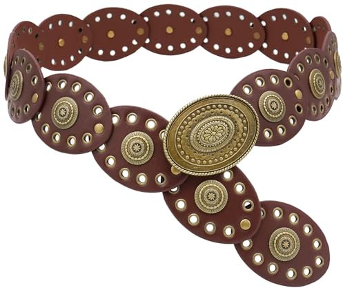 BAOKELAN Ovale Scheibe Gürtel für Frauen - Breite Leder Concho Boho Westlichen Taille für Kleider - Braun 115cm/45.3in