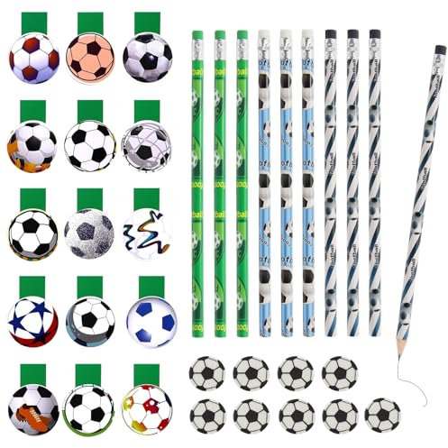 WACH AUF 15Pcs Fußball Lesezeichen Magnetische + 9Pcs Fussball Bleistifte + 9Pcs Kinder Radiergummi, Magnet Fußball Lesezeichen Seite Marker für Mitgebsel Fußball Schule Geburtstag Junge