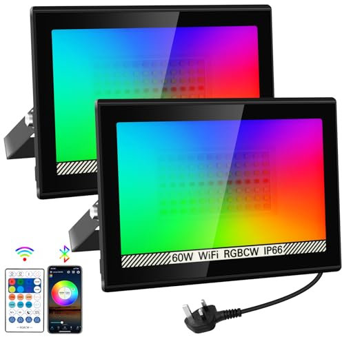 NATPOW 60W RGB Floodlights, Flood Lights Outdoor Smart Colour Changing, LED Garden Security Lights with Remote&APP Control IP66 Wall Lights for Landscap, Stage Decoration Garden Party (2Packs)