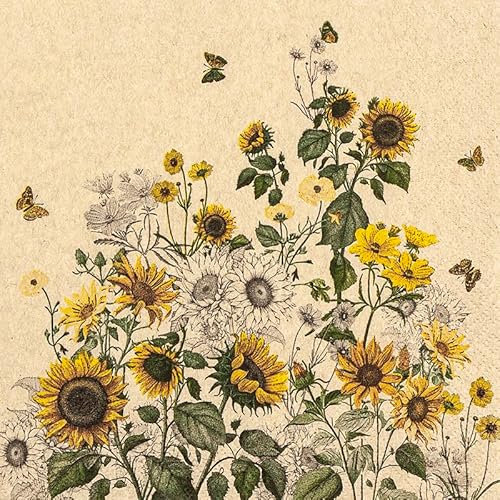20 Servietten aus Recycling-Papier Blumen Sonnenblumenfeld Vintage als Tischdeko. Papierservietten mit Motiv. Auch für Decoupage und Serviettentechnik 33x33cm