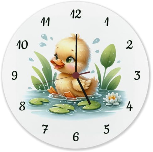 speecheese Planschente Ente Wanduhr aus Alu niedliche Wanduhr aus Alu mit süßer Ente die im Wasser schwimmt - perfekt fürs Badezimmer oder die Kinderzimmer Vögel am See