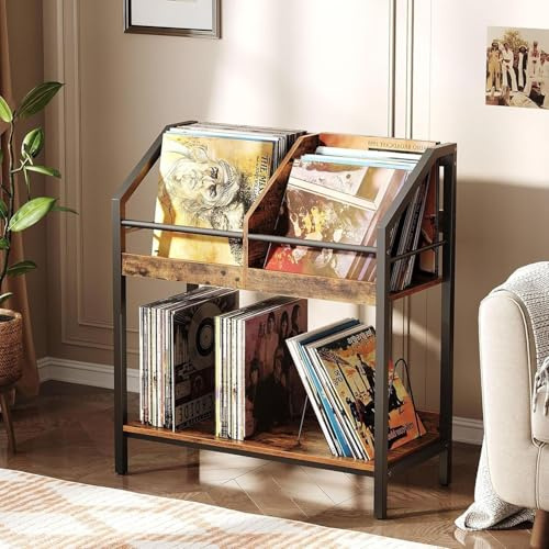 CHOEZON 2-Tier Vinyl Record Storage Holder Rack, 250 LP Albums Display Shelf, Wooden Vinyl Storage Rack with Wire Dividers for Records, CDs, Books, Rustic Brown and Black DTCW07BF