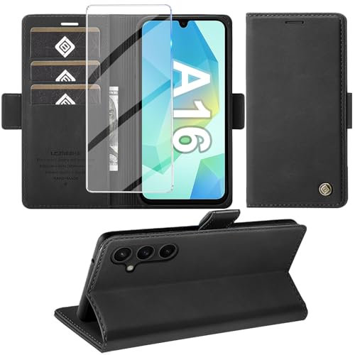Giyer für Samsung Galaxy A16 5G Hülle mit Schutzfolie, Handyhülle Galaxy A16 4G/5G PU Leder Wallet Flip Case, Schutzhülle für Samsung A16 5G Klapphülle Tasche mit Kartenfach Standfunktion (Schwarz)