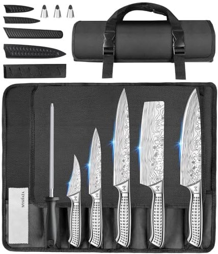 MOSFiATA Chef Knife Set, 10PCS Portable Sharp Kitchen Knife Set, High Carbon Japanese Stainless Steel Professional Chef Knives Set with Knife Roll Bag Knife Sharpener for Outdoor Travel Camping BBQ