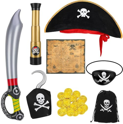 LATERN 8 Stück Piratenkostüm Kinder, Piratenkostüm Zubehör mit Piratenhut Totenkopf Gekreuzte Knochen Augenklappe Schwert Schatzkarte Aufblasbares Teleskop Goldmünze für Kinder Piratenparty Cosplay