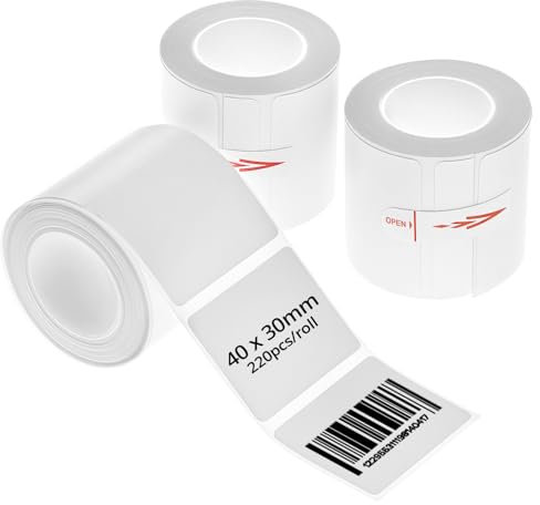 QWORK® 3 Rollen Selbstklebende Thermoetiketten 40x30mm, Kompatibel mit M110, M200 und weiteren - Wasserdicht &Ölbeständig, 220 Etiketten/Rolle