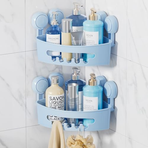 LEVERLOC Duschablage Saugnapf 2 Stück Badregal Duschkorb ohne Bohren Max Hold 10 KG Bad Duschablage für Shampoo Conditioner Halter Duschkorb Kunststoff für Badezimmer Küche Organizer - Blau