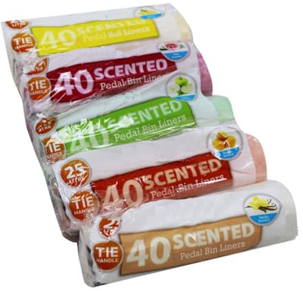 Pack of 200, Fragranced Pedal Bin Liners with Tie Handles, 40 Orange, 40 Lemon, 40 Vanilla, 40 Rose 40 Apple, Scented Rubbish Bags, 25L Capacity