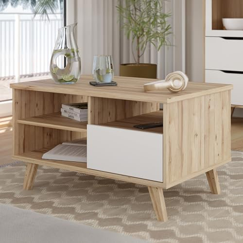 Forte VANKKA Couchtisch 90, Tisch mit offenen Fächern und Schublade, Holzwerkstoff, Planked Eiche Dekor/Weiß, 90 cm breit, 51,1 cm hoch, 60 cm tief