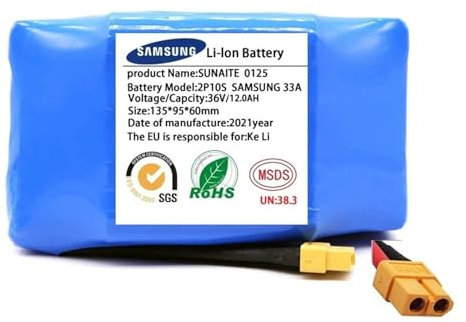 SSXOQX Batteria agli ioni di Litio 10S2P 36V 12Ah, Batteria agli ioni di Litio, BMS Integrato, con Spina XT60/T, per Monopattino Elettrico autobilanciante, Hoverboard, Monociclo