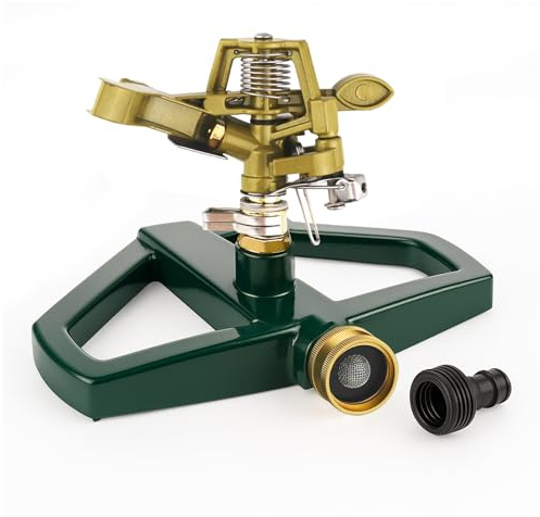 Jinfanshurich Irrigatore per prato con base in metallo – Irrigatore a impulsi con rotazione automatica a 360°, ideale per l'irrigazione di grandi superfici fino a 540 m²