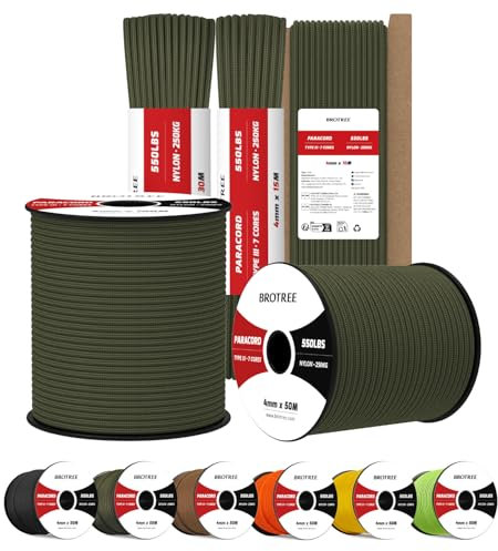 Brotree 4mm Paracorde 550 7 Brins Corde en Nylon 10M Type III Corde Parachute pour Survie, Extérieur, Bricolage - 250kg Charge de Rupture (Armée Verte)