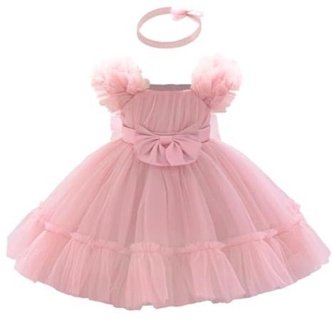 Lito Angels Robe en Tulle Fille avec Bandeau, Taille 9 Mois-3 Ans | Bandeau assorti, Corsage sans manches, encolure carrée, jupe tulle 4 couches, gros nœud à la taille, Mariage, Cérémonie, Fête