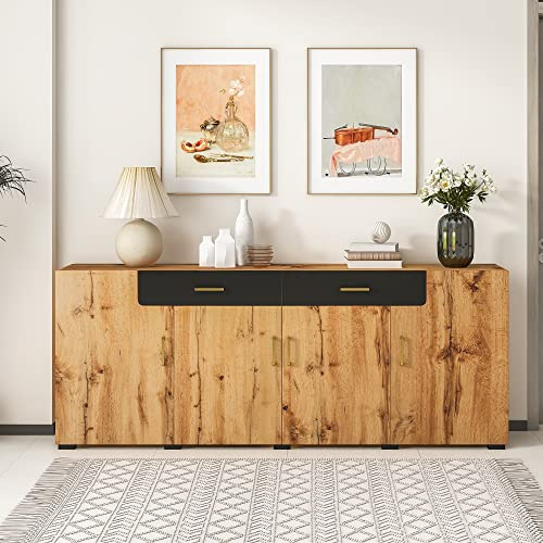 Oslghy Aparador para Salon, Aparador Cocina Ancho, Buffet Comedor con Puertas con Diseño de Mármol y Cajones, Mueble Armario Cocina de Entrada, Vitrina para Dormitorio y Salón, 208×39,5×80cm (Marrón)