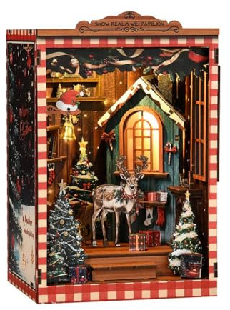 DIY Book Nook Kit Dollhouse Miniature - Snow Realm Wei Pavilion Wooden Bookends Building Model Puzzle with LED Light, Christmas Themed 3D Craft for Teens & Adults, (4.7×4.1×6.22.9 cm)