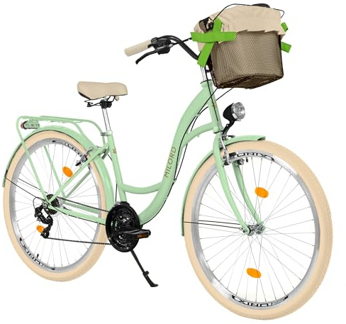 MILORD Damenfahrrad Citybike Komfort Mit Metallkorb Hollandrad Vintage Fahrrad, 26, 28 Zoll, 21-Gang (Grün-Creme, 26 Zoll)
