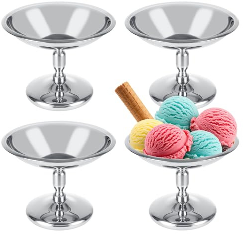 APACALI 4 Stück Eisbecher Edelstahl, 10cm Edelstahl Dessertschale mit Fuß, Ice Cream Sundae Dessertgläser für Obst Salat Joghurt und Fruchtpudding, für Hochzeiten, Partys