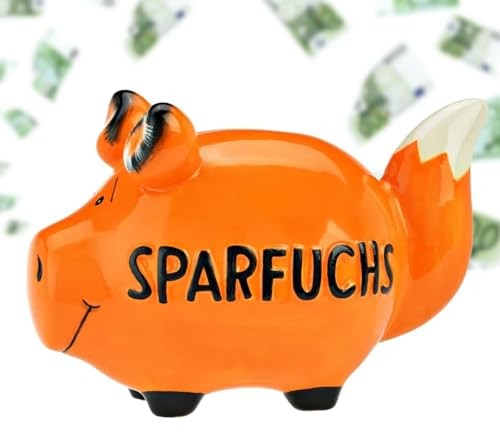 Lustiges SPARFUCHS Sparschwein orange - große 15 cm Keramik Spardose