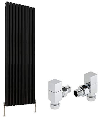 NRG Vertical Oval Column Designer Radiator Double Panel Central Heating Radiators Black 1800mm x 590mm + Free Angled Valves