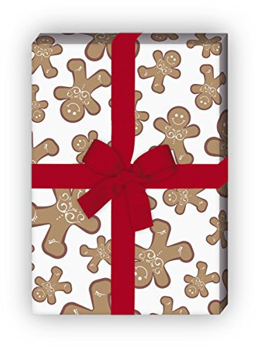 Kartenkaufrausch Leckeres Weihnachtspapier, Geschenkpapier Set zu Weihnachten mit fröhlichen Lebkuchen Männern, weiß, für tolle Geschenk Verpackung, Designpapier, 4 Bogen, 32 x 48cm