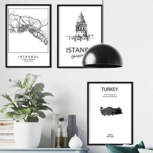 Nacnic Pack von Plakaten und Denkmäler Ländern. Istanbul Stadtplan, Karte Denkmal Galataturm Türkei. A3 Größe