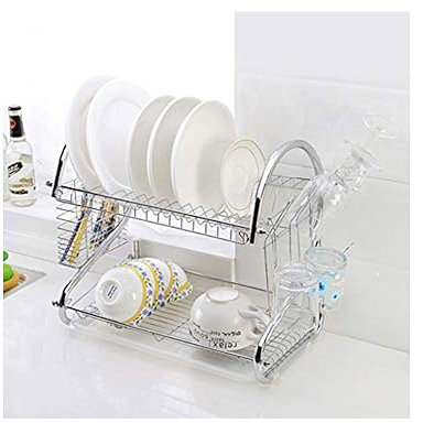 St@llion 2 Tier Stainless Steel Dish Drainer, Storage Rack with Drip Tray Dish Drainer Holder for Plates Mug Cup Glass Cutlery and Kitchen Accessories (Chrome)