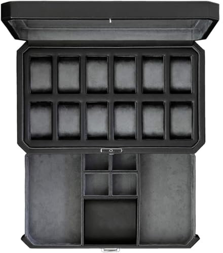 ROTHWELL 12-Fach-Leder-Uhrenbox mit Valet-Schublade –12-Fach-Luxus-Uhrenetui, Display-Organizer, Microsuede-Einlage, Herren-Accessoires-Halter, Schmuckkästchen, Schmuck-Display-Organizer(Schwarz/Grau)