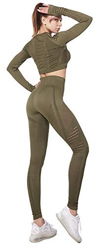 Jamron Donna Set di Abbigliamento Yoga Top Corto+Ghette 2 Pezzi Tuta Sportiva Palestra Fitness Activewear Verde Militare SN05405 M