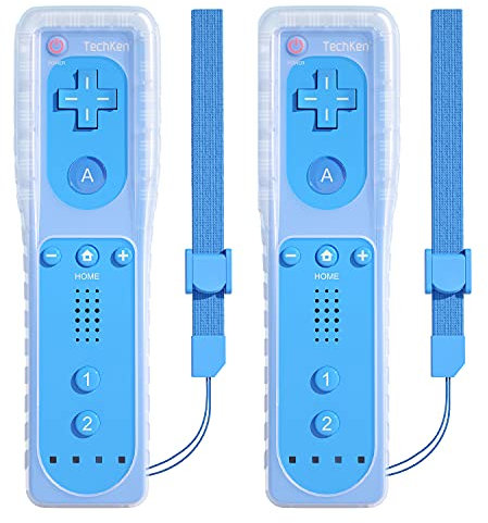 2 mandos a distancia para Wii, mandos de juego remoto TechKen compatibles con Wii de repuesto con silicona y correa de muñeca (azul)