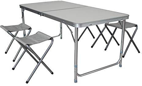 Mojawo 5tlg. Campingmöbel Set Aluminium Outdoor Camping L120xB60xH70cm Campingtisch höhenverstellbar mit Tragegriff + 4 Klapphocker