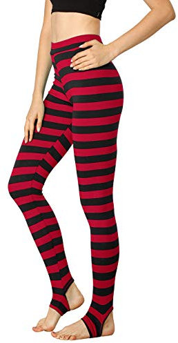 Allegra K Damen-Leggings, bedruckt, hohe Taille, elastischer Bund, Yoga, Steigbügelhose, Rot, Schwarz, Streifen, Größe L, Rot und Schwarz gestreift, L