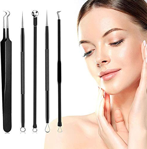 Estrattore punto nero, 5 pezzi, kit estrattore professionale pinza punto nero, acciaio inossidabile Blackhead Remover per rimozione comedoni, pulsanti e Pustuli, colore: nero