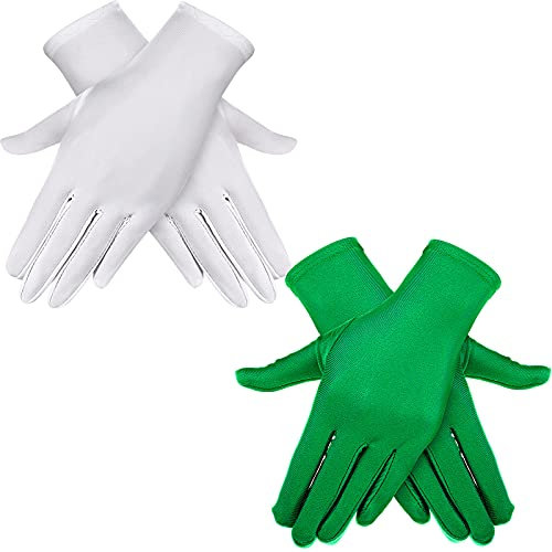 HESTYA 2 Paar Handschuhe für Erwachsene, Spandex, Handgelenklänge, Handschuhe für Halloween, Kleid, Opernhandschuhe, Teeparty, Cosplay, weiß / grün, Medium