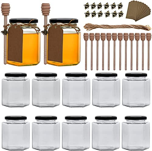 Woaiwo-q Clear Hexagon Glass Jars, 12 oz 12 Pack with Black Lids, Wooden Honey Sticks, Bronzy Bee Pendants, Big Tags, 15m Jute Twine, Glass Jars for Honey, Liquid and More