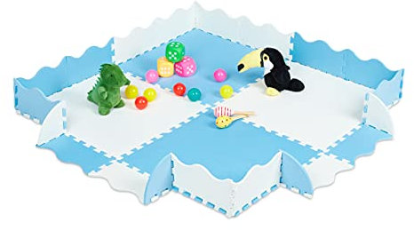 Relaxdays Puzzlematte mit Rand, 120x120 cm Krabbelmatte, EVA Schaumstoff, schadstofffrei, Babymatte 24-teilig, blau-weiß