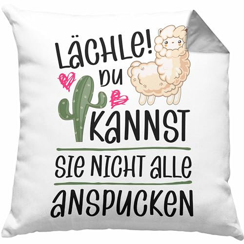 Trendation Lächle Du Kannst Sie Nicht Alle Anspucken Kissen mit Füllung 40x40 Llama Lama Alpaka mit Spruch Lustige Kissen mit Füllung 40x40 (Grau)