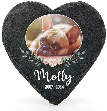 Individueller Personalisiert Herzform Tiergrabstein Schiefer Gedenkstein für Hund, Katze und andere Haustiere Tiere - Größe | 10 x 10 cm | - Blumenrahmen-Foto