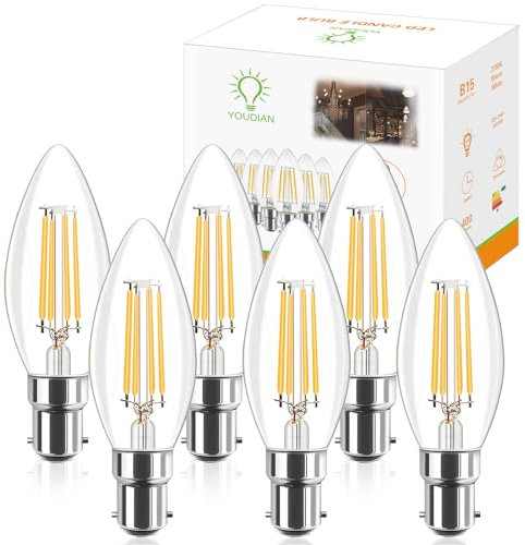 YOUDIAN Led Candle Bulb,B15 Led Filament Candle Bulb,4W 220-240V 400Lm, B15 Small Bayonet Glass Light Bulb, Replacement 40W,Warm White 2700K, Non-Dimmable(6 Packs)