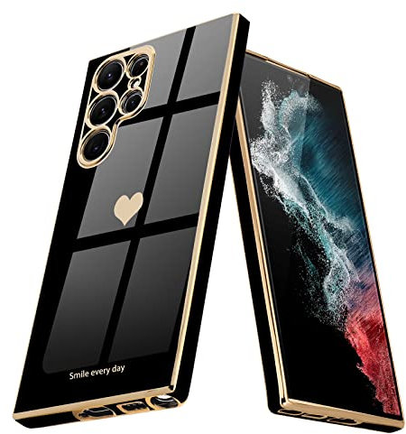 Teageo for Samsung S22 Ultra Case Cute Heart Pattern for Women Girls Slim Luxury Bling Plating Soft TPU Anti-Scratch Shockproof Bumper Phone Case for Samsung Galaxy S22 Ultra 5G, Black