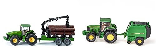 Siku 1954, John Deere Traktor mit Forstanhänger, 1:50, Metall/Kunststoff, Grün, Funktionsfähiger Ladearm und Greifer & SIKU 1665, John Deere Traktor mit Ballenpresse inkl. 2 Ballen, Grün