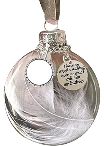 Transparente Weihnachtskugel zum Aufhängen, Engel-Feder, runde und herzförmige Weihnachtskugeln, Familien-Bilderrahmen, Souvenirs, Weihnachtsbaum-Anhänger, Ehemann (rund)